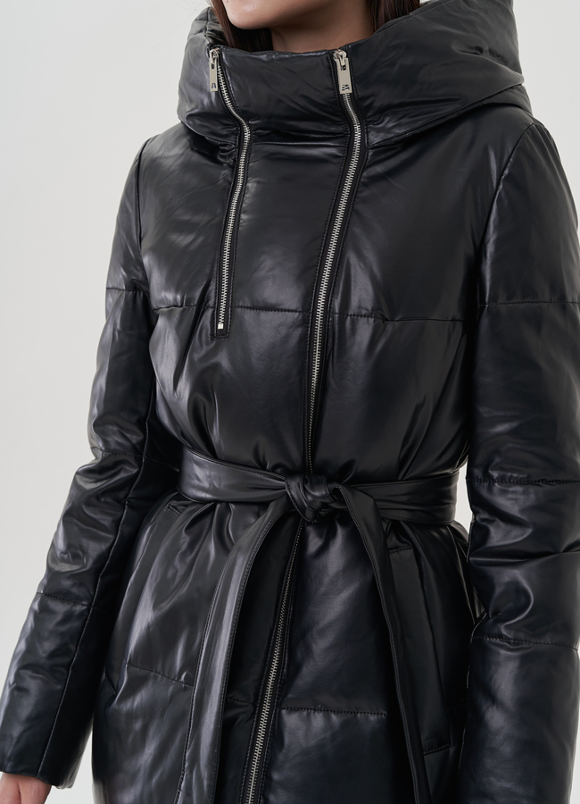 Женский пуховик из эко кожи с капюшоном модель № 24865 универмаг малина