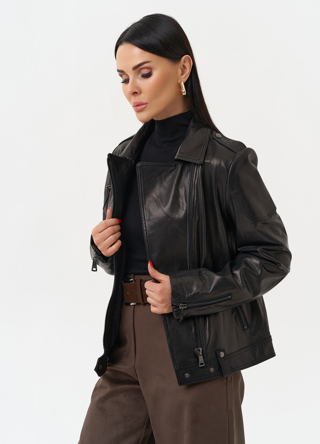 Куртка кожаная черного цвета модель № 10662 универмаг малина