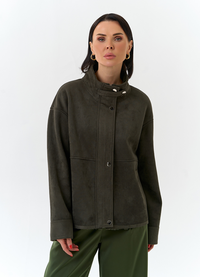 Женская дубленка из эко замши с воротником стойкой модель № 32583 меха малина