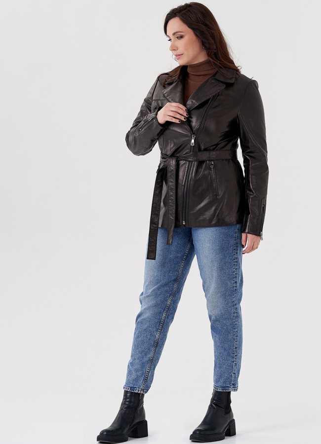 фото Женская кожаная куртка с поясом модель № 24093