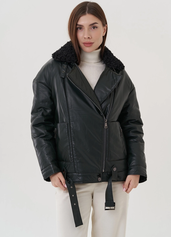 Косуха утепленная из экокожи с отделкой из экомеха модель № 25343 универмаг малина