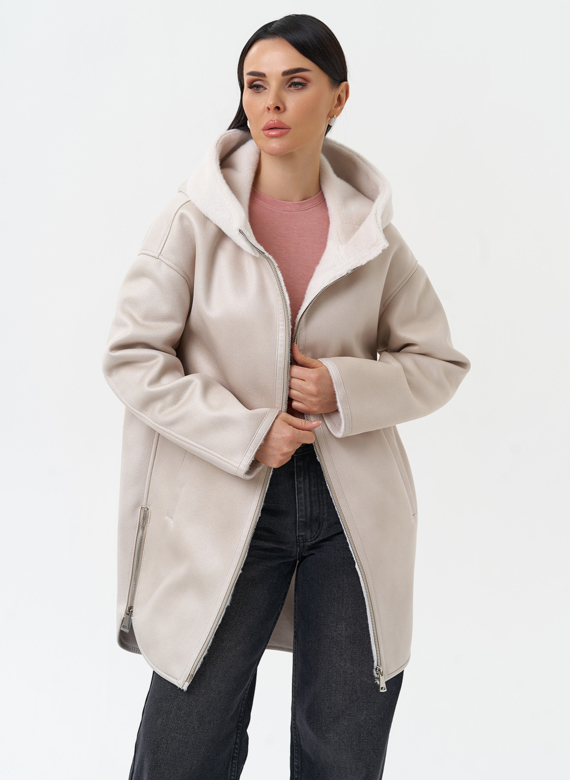 Женская дубленка из эко замши с капюшоном