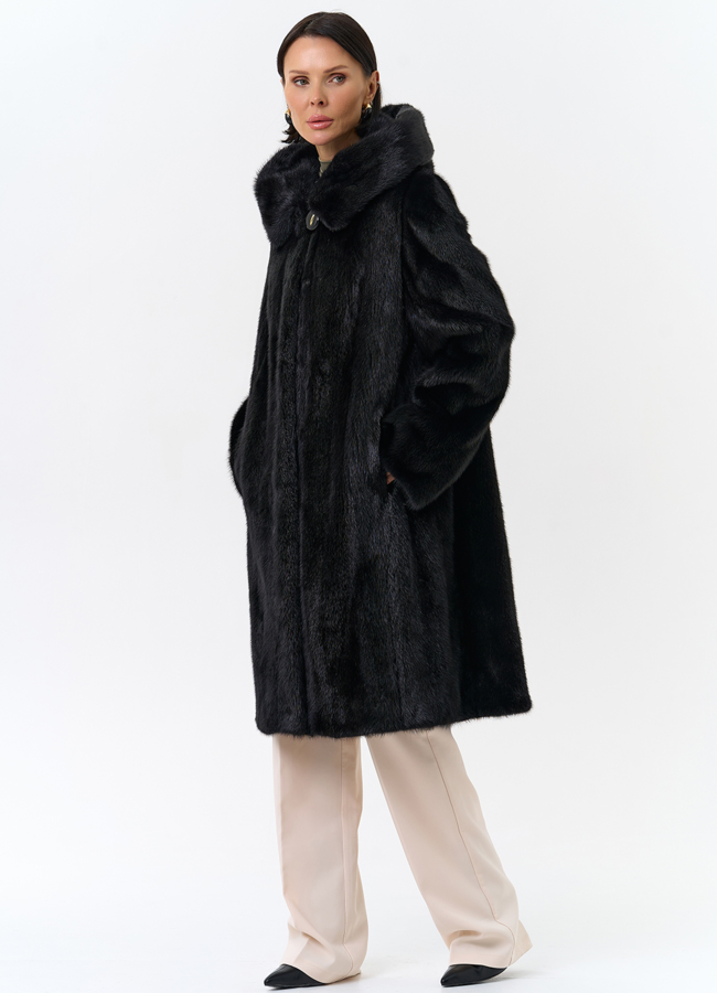 Черная норковая шуба с капюшоном модель № 26158 универмаг малина