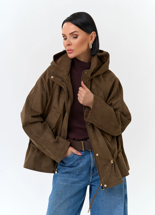 Женская утепленная куртка из эко замши с капюшоном модель № 32841 универмаг малина