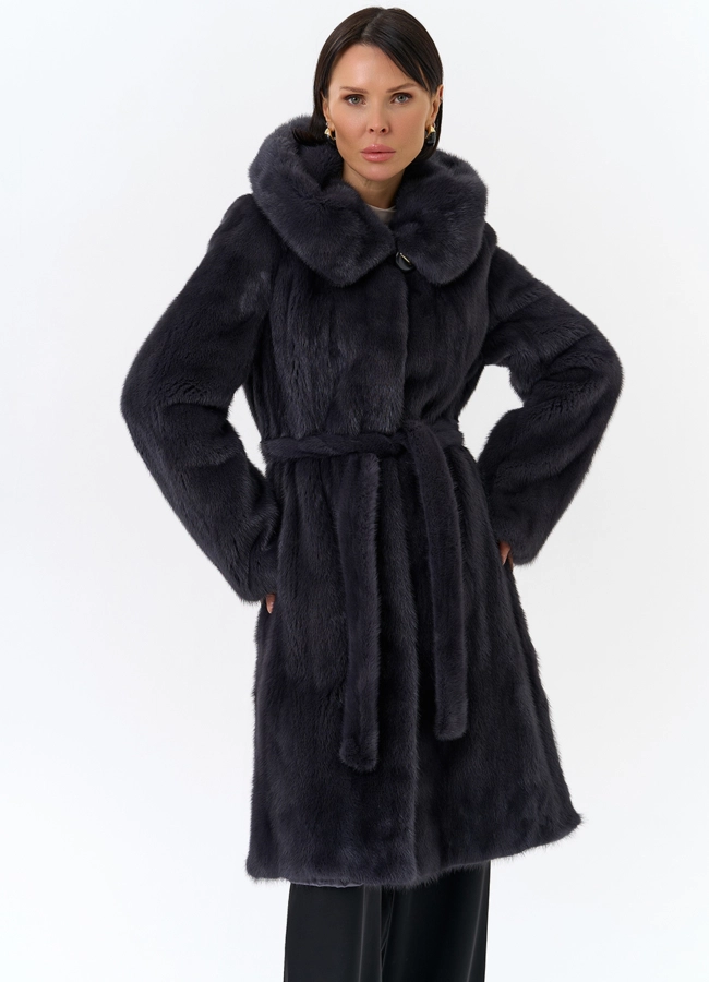 Норковая шуба с поясом модель № 31158 меха малина