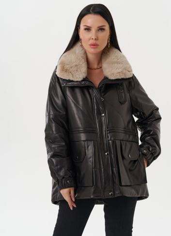 Пуховик из натуральной кожи с отделкой из меха кролика