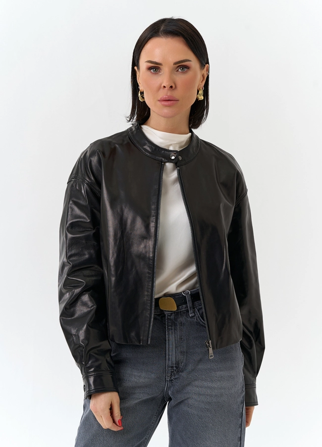 Женская короткая куртка из натуральной кожи  модель № 32530 меха малина фото