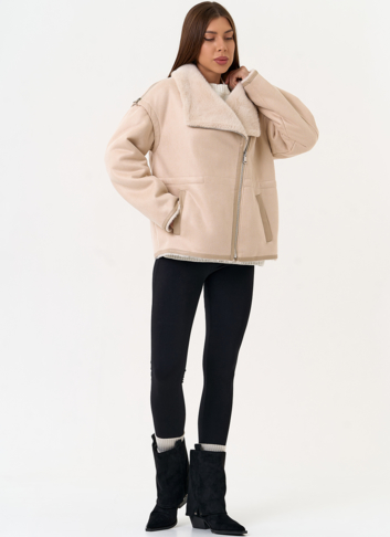 Женская дубленка из эко замши с отложным воротником