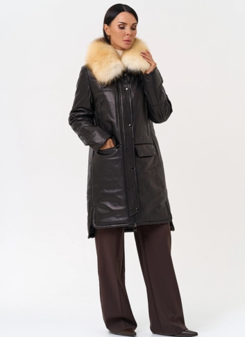 Кожаный пуховик с воротником из лисы фото