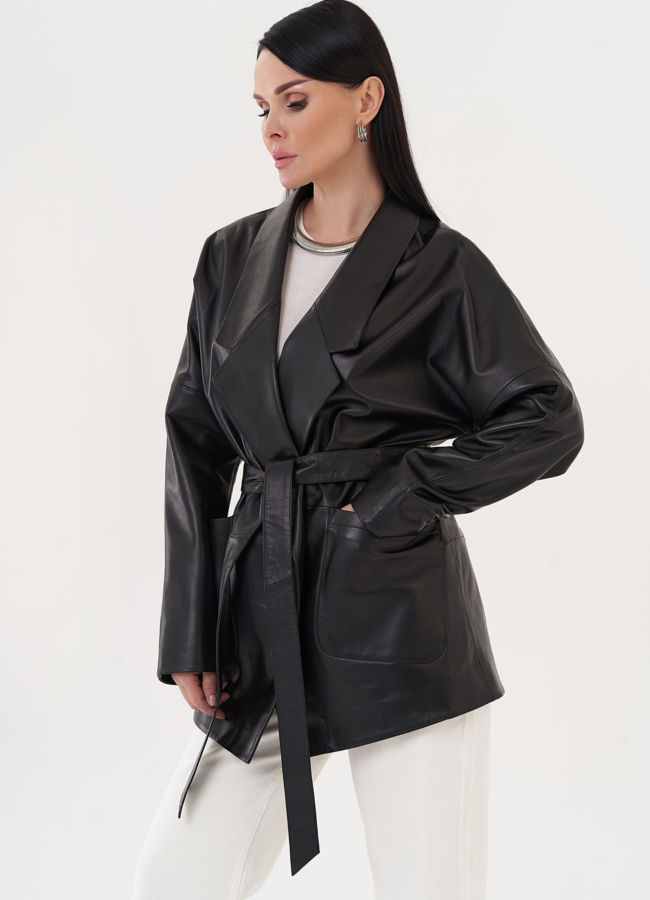 Кожаная куртка-пиджак с поясом модель № 26952 универмаг малина