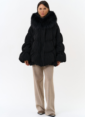 Женский блестящий пуховик с отделкой из меха чернобурки