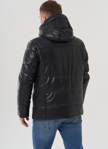 Пуховик мужской из эко кожи с капюшоном 