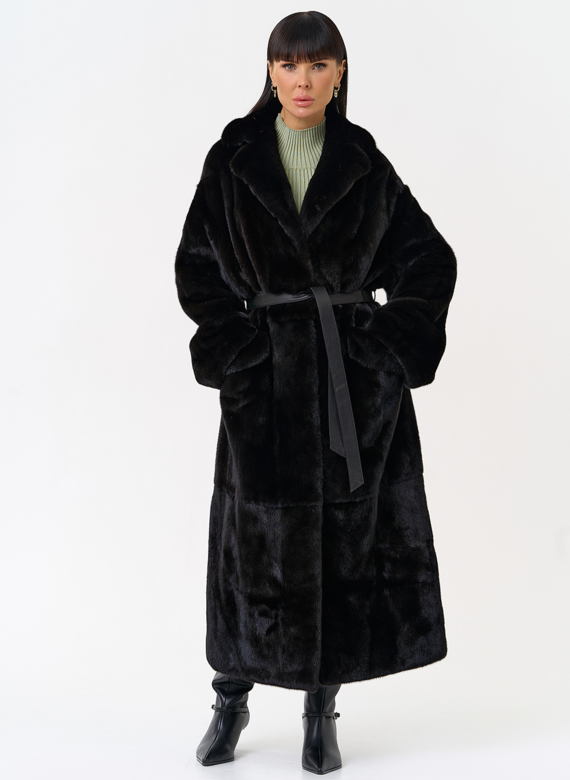Длинная шуба из меха норки blackglama с поясом