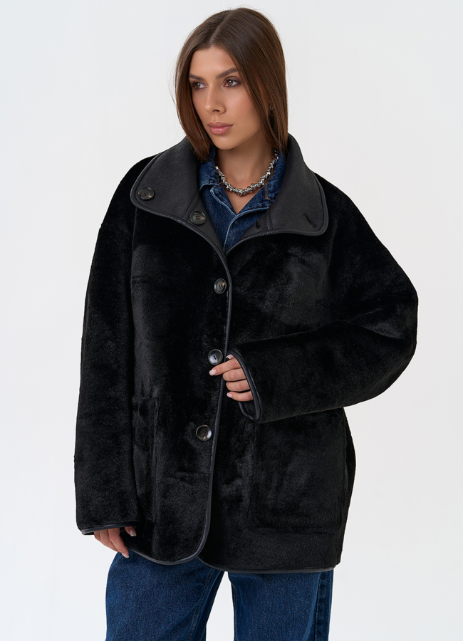 Женская двухсторонняя дубленка из эко замши в черном цвете модель № 31286 универмаг малина