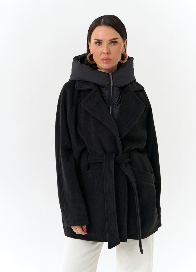 Женское пальто со съемный капюшоном модель № 32698 меха малина