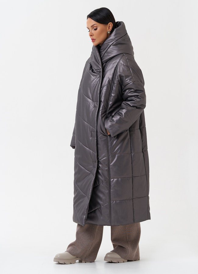 Пуховик из эко кожи с капюшоном модель № 27716 универмаг малина