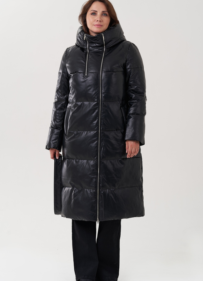 фото Женский пуховик из эко кожи с капюшоном модель № 24865