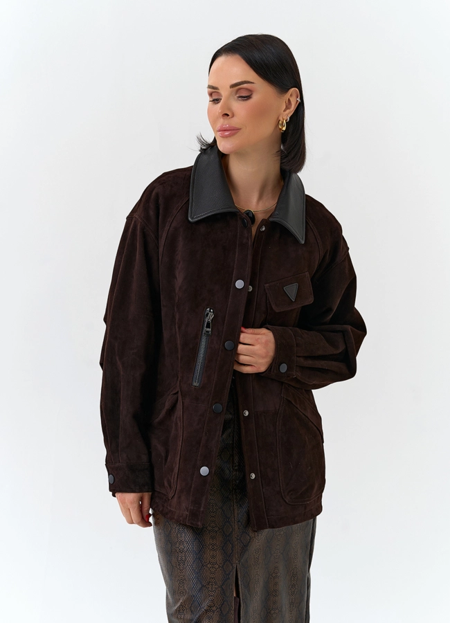 Женская куртка из натуральной замши модель № 32526 меха малина фото
