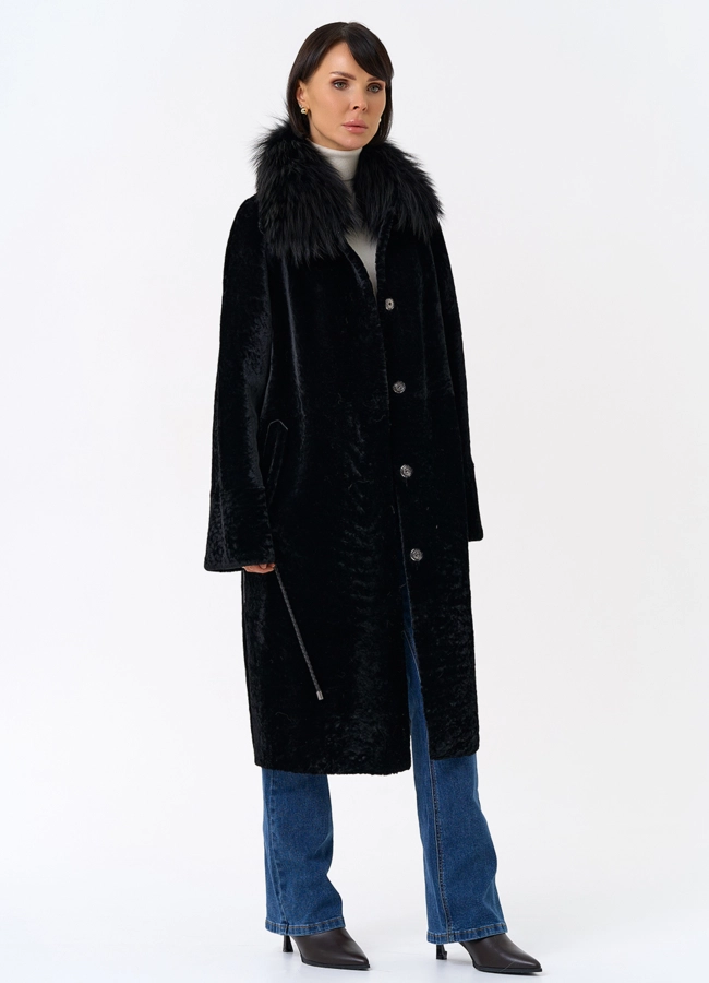 Женская двухстороняя дубленка с воротником из меха чернобурой лисы модель № 31932 универмаг малина