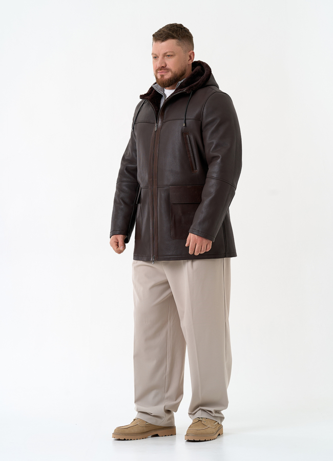 Мужская натуральная дубленка с капюшоном модель № 32059 в рассрочку