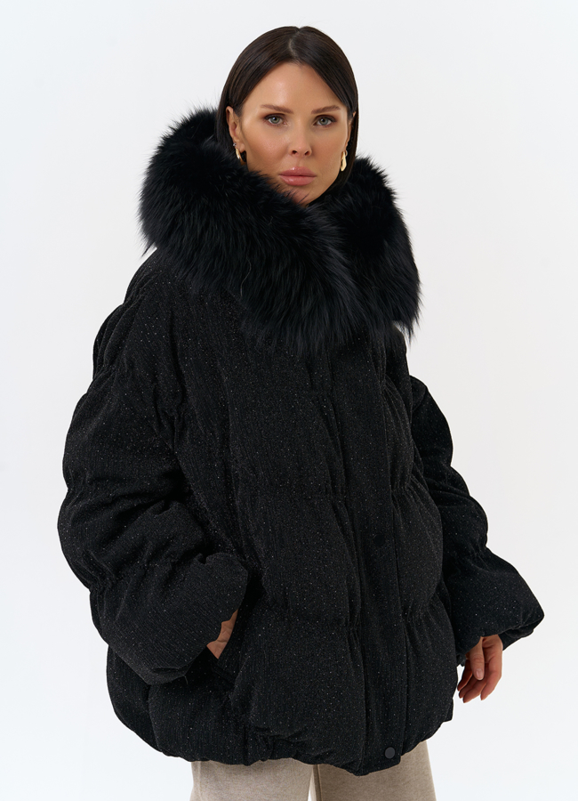 Женский блестящий пуховик с отделкой из меха чернобурки модель № 31816 универмаг малина