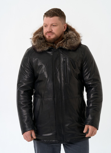 Мужская натуральная дубленка на волке с отделкой из меха енота