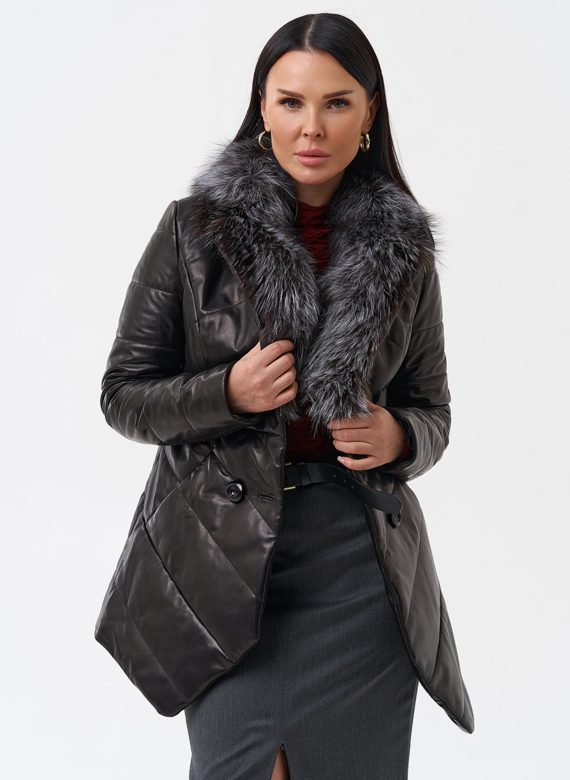 Кожаный пуховик с мехом из чернобурки
