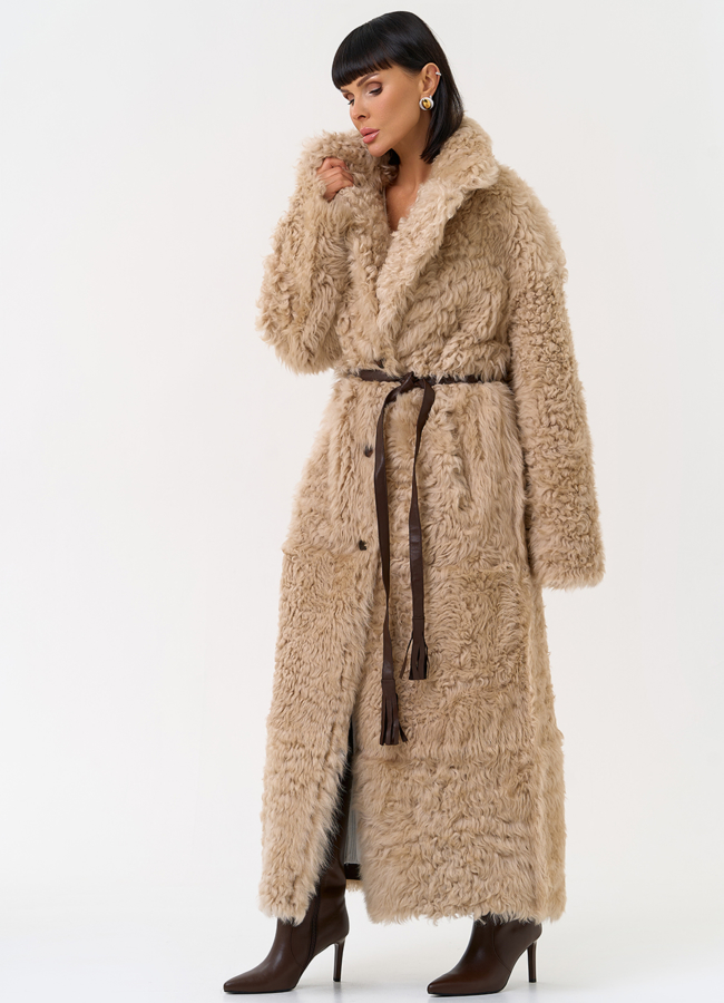 Женская двухсторонняя дубленка с декоративным поясом модель № 31620 универмаг малина