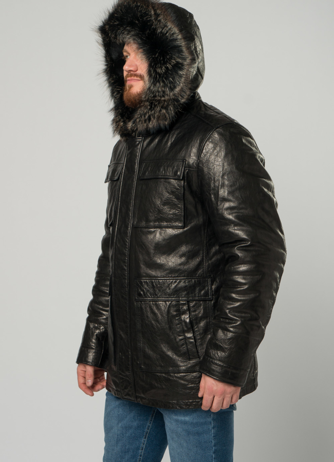 Мужской пуховик из натуральной кожи с капюшоном и отделкой из енота модель № 21923 универмаг малина