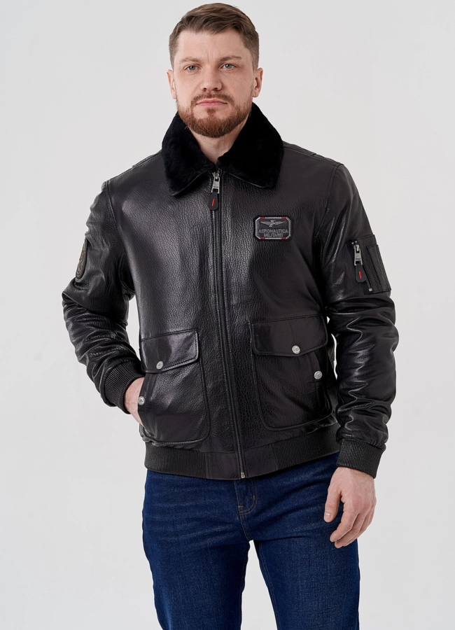Мужская куртка - пилот из натуральной кожи модель № 24396 меха малина