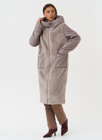 Комбинированный пуховик из эко кожи с капюшоном