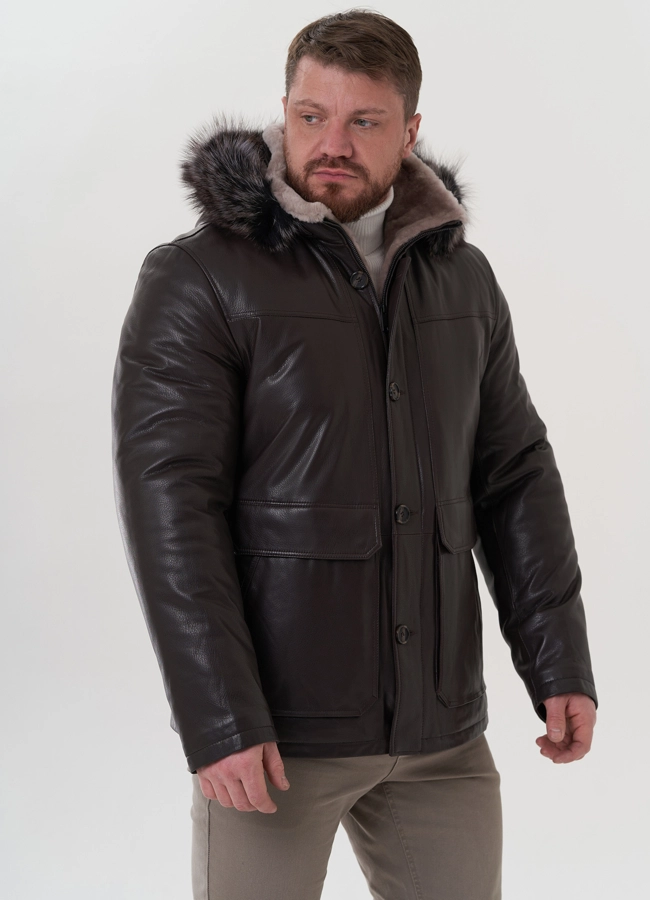фото Пуховик из натуральной кожи с капюшоном модель № 26230 фото