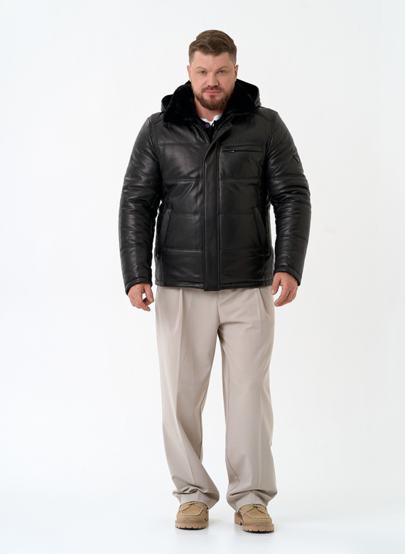 Мужской пуховик из натуральной кожи с капюшоном