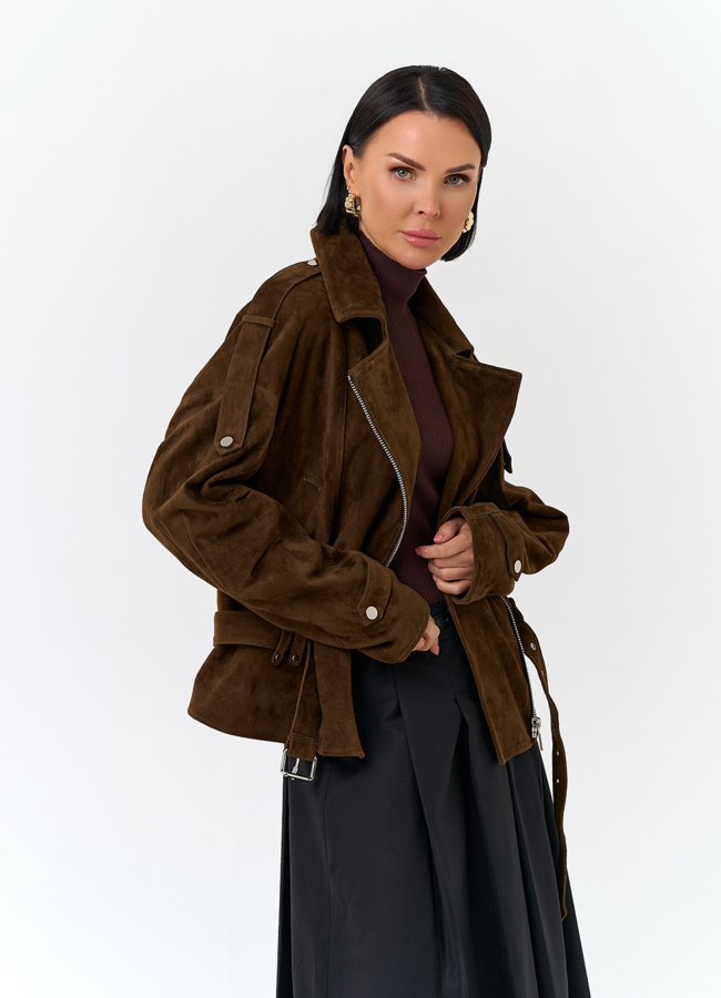 Женская куртка из натуральной замши с поясом модель № 32887 в кредит