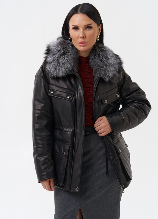 Кожаный пуховик с мехом модель № 29405 универмаг малина