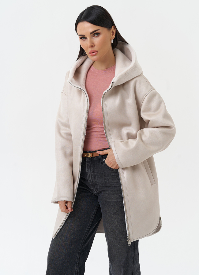 Женская дубленка из эко замши с капюшоном модель № 30205 универмаг малина