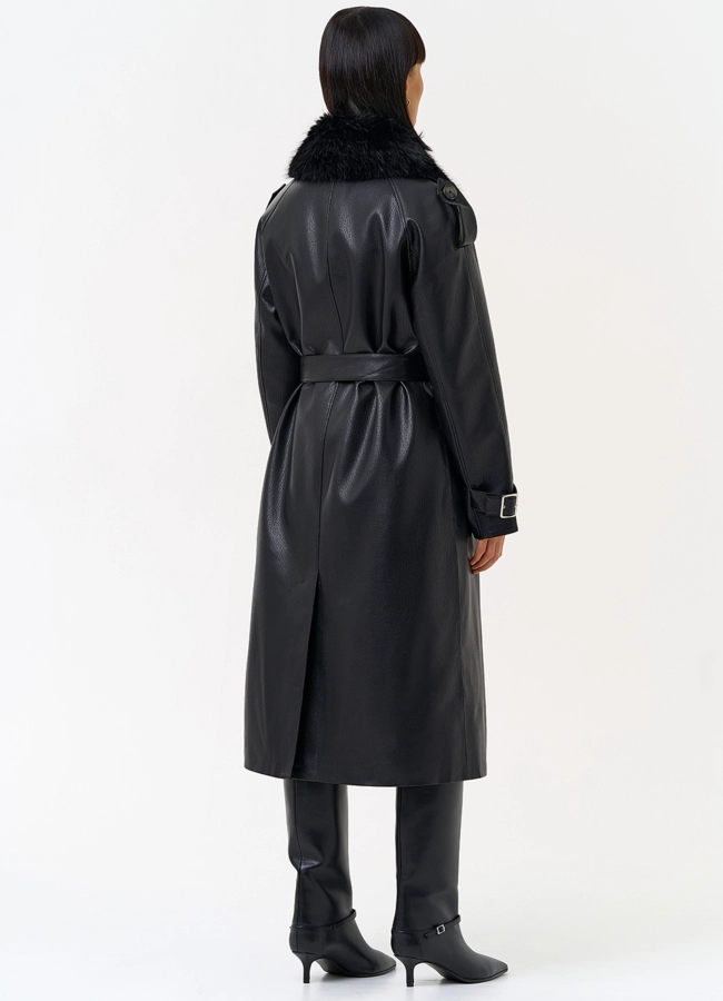 Женское утепленное пальто из экокожи с воротником из эко меха модель № 30705 в кредит