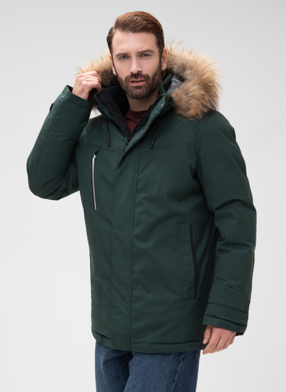 Мужской пуховик с капюшоном из меха енота
