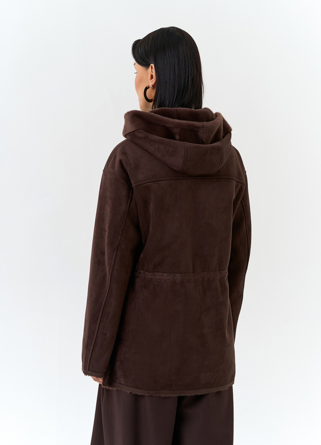 фото Двухсторонняя дубленка из эко замши с капюшоном модель № 32690