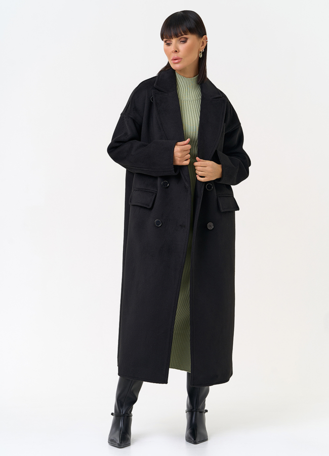 Женское двубортное пальто черного цвета модель № 31623 универмаг малина