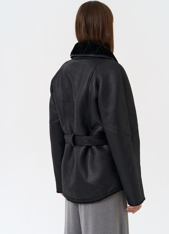 Женская дубленка из эко замши в стиле ретро модель № 31413 в кредит