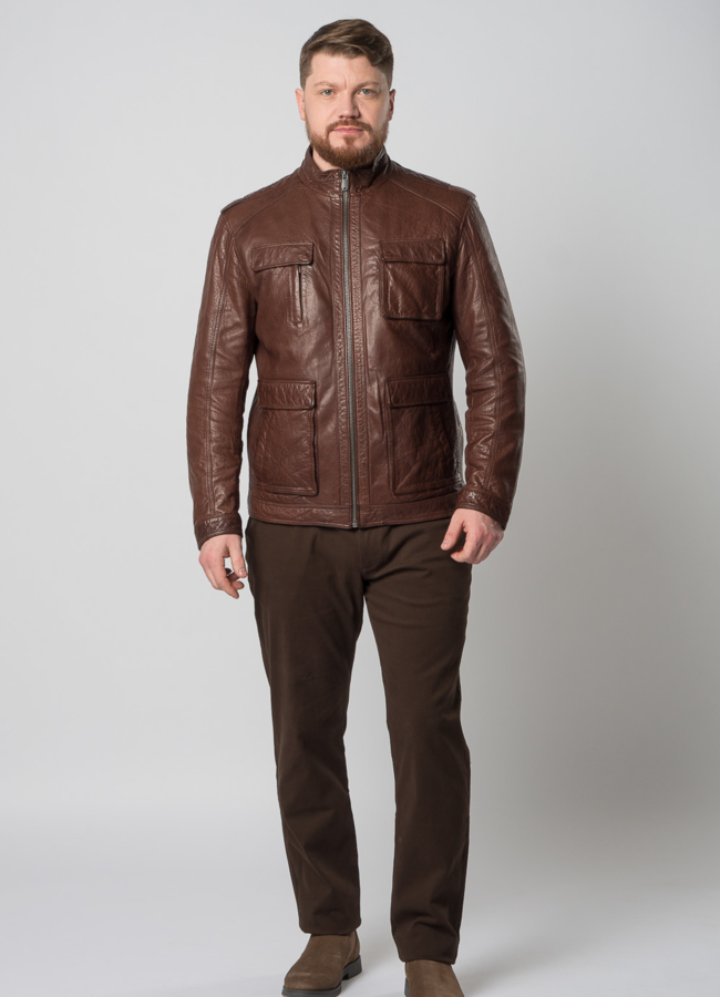 фото Мужская кожаная куртка коричневого цвета модель № W8055