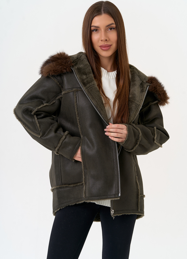 Женская дубленка из эко замши с капюшоном из эко меха модель № 31508 в кредит